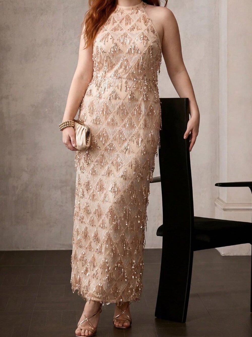 Champagne Elegant Women's Premium Plus Size Sequin Embroidered Halter Neck Dress